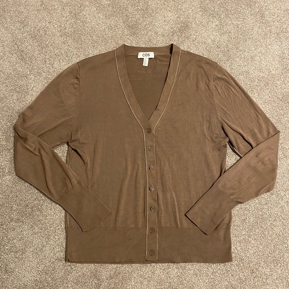 COS silk cotton button up cardigan sweater tan green small